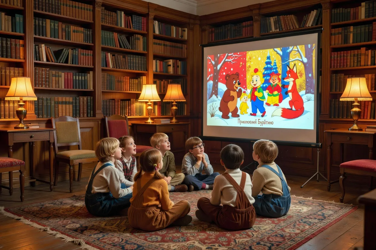 Médiathèque enfants regardant un vieux film d'animation soviétique