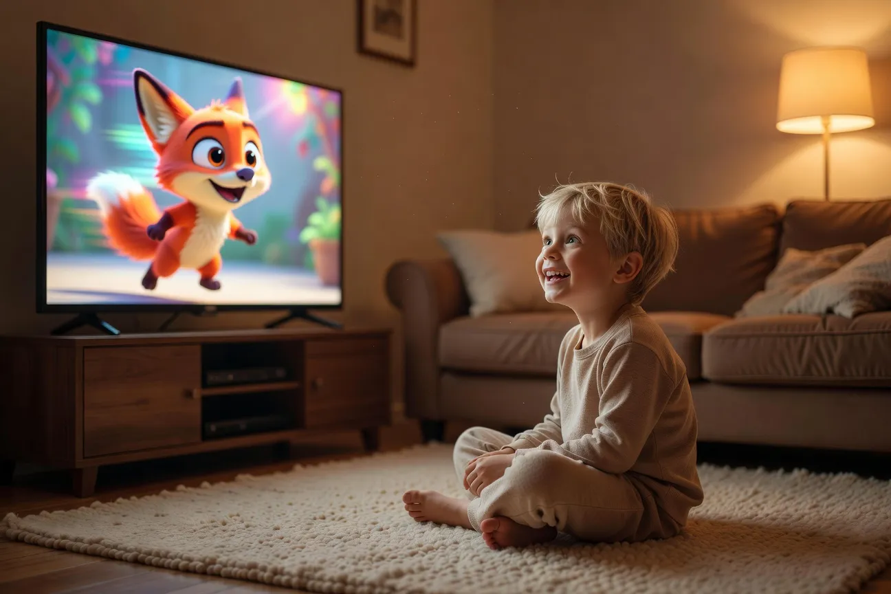 Enfant regardant un dessin animé russe sur tablette ambiance chaleureuse