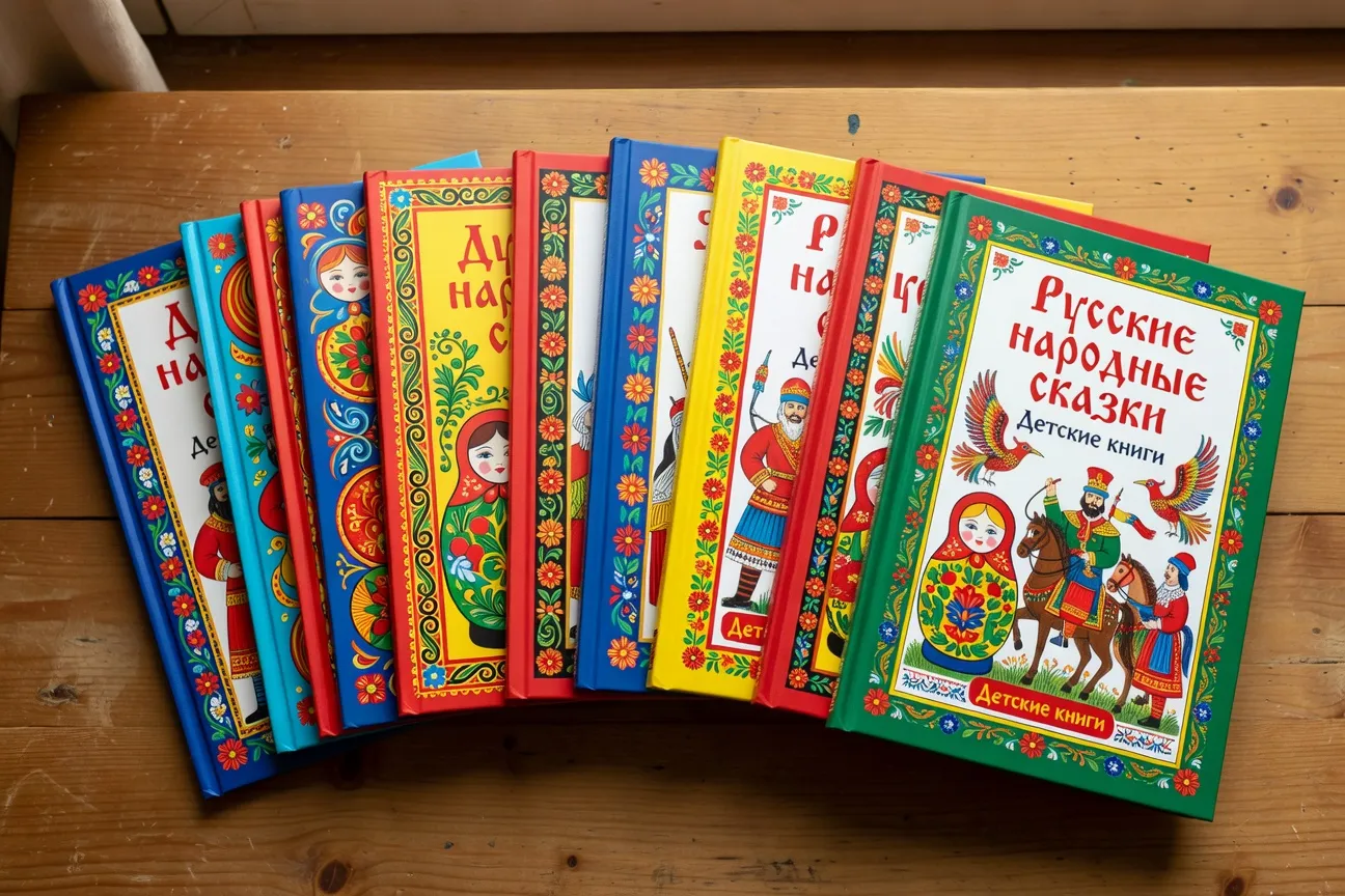 Livres illustrés russes pour enfants bilingues empilés sur une table