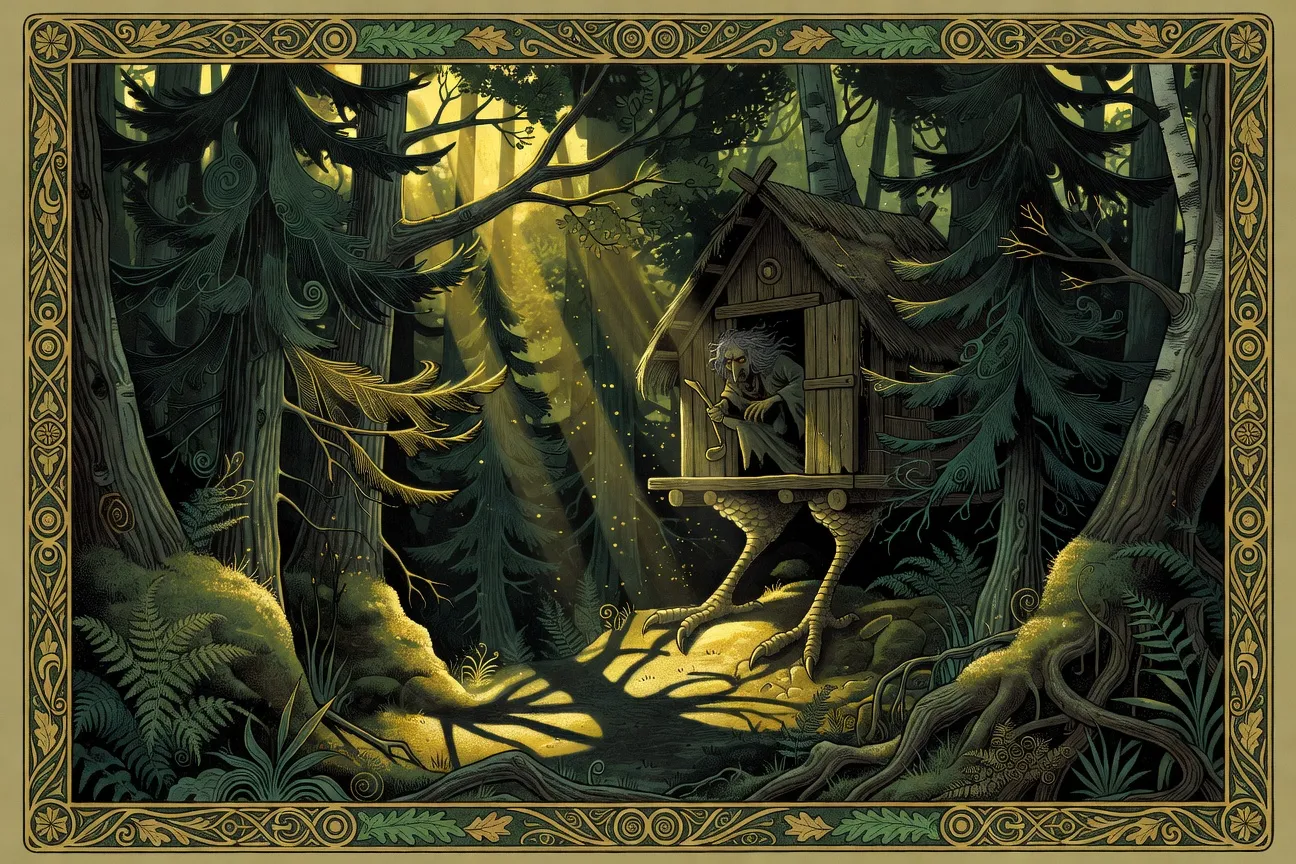 Illustration Baba Yaga style Bilibine pour enfants