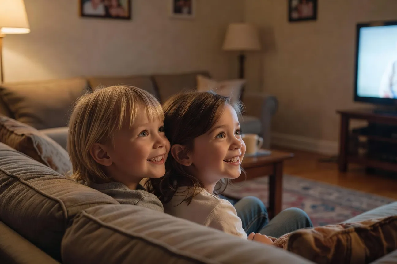 Deux jeunes enfants regardant des dessins animés ensemble à la maison