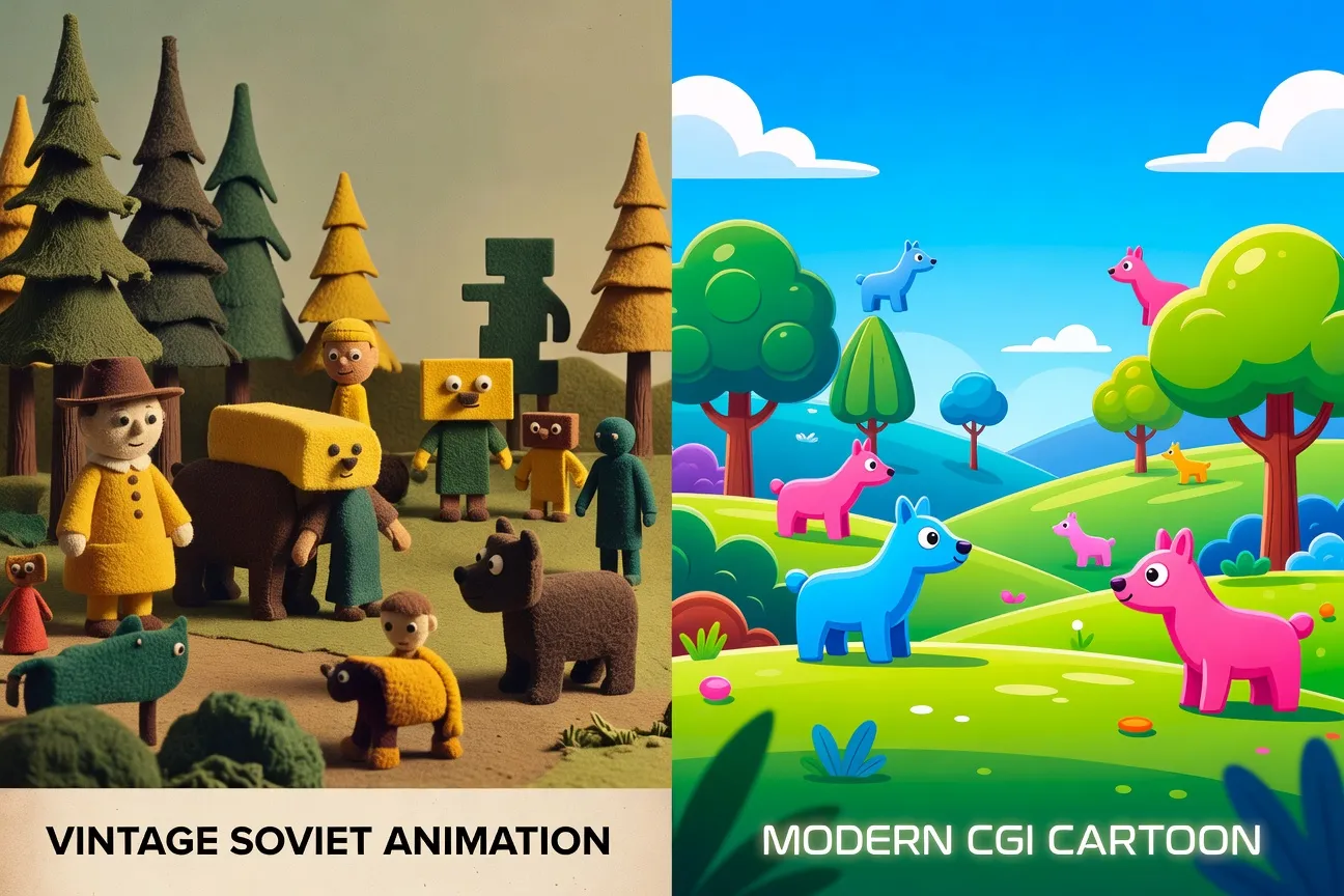 Comparatif styles Soyuzmultfilm vintage et animation moderne CGI