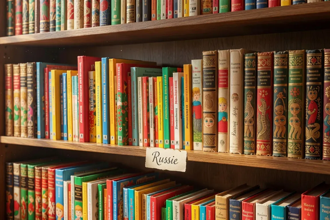 Полка с русскими детскими книгами в муниципальной библиотеке