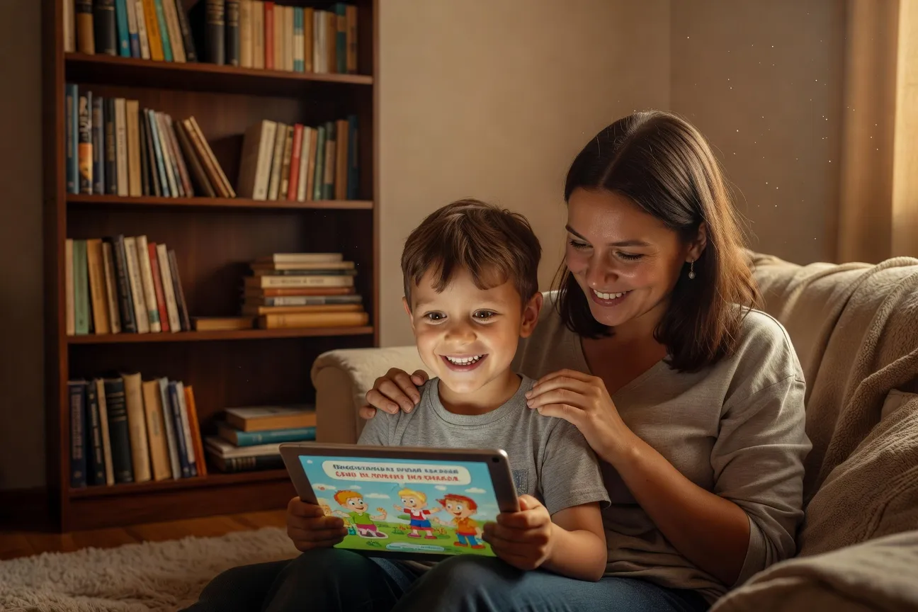 Enfant regardant un dessin animé russe sur tablette avec ses parents, atmosphère chaleureuse