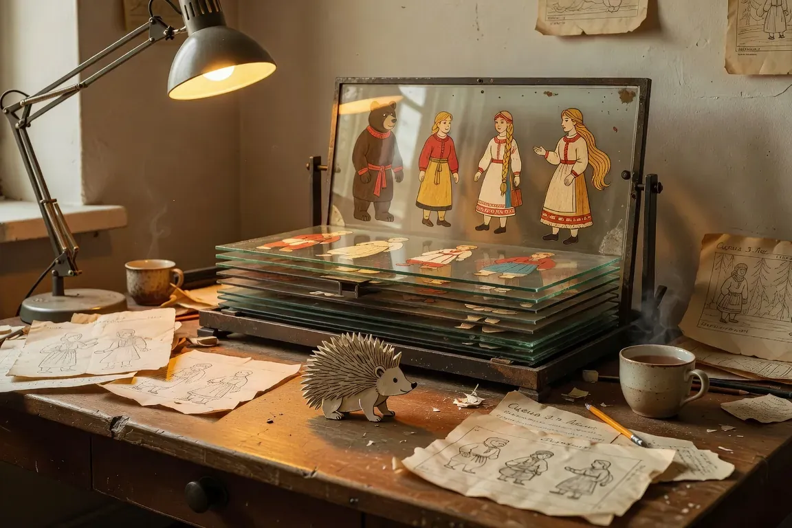 Atelier d'animation Soyuzmultfilm avec marionnettes decoupees multiplane