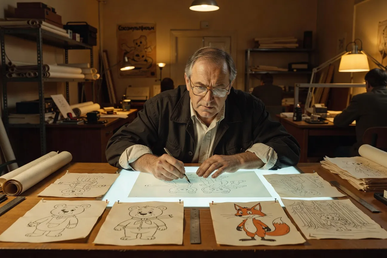 Fiodor Khitruk dans les studios Soyuzmultfilm Moscou années 1970, réalisateur animateur