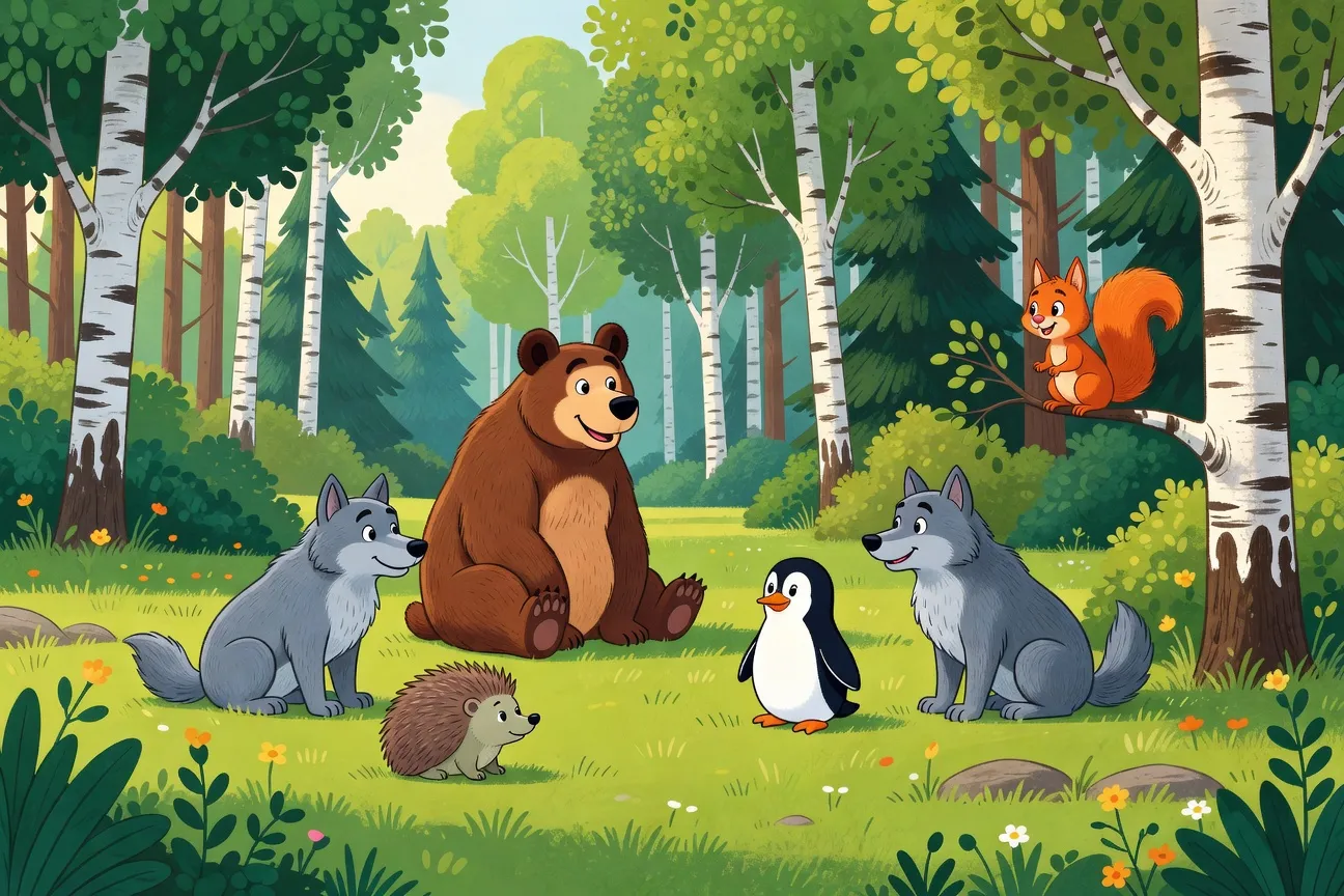 Les personnages de Masha et l’Ours réunis dans la forêt, galerie complète des animaux