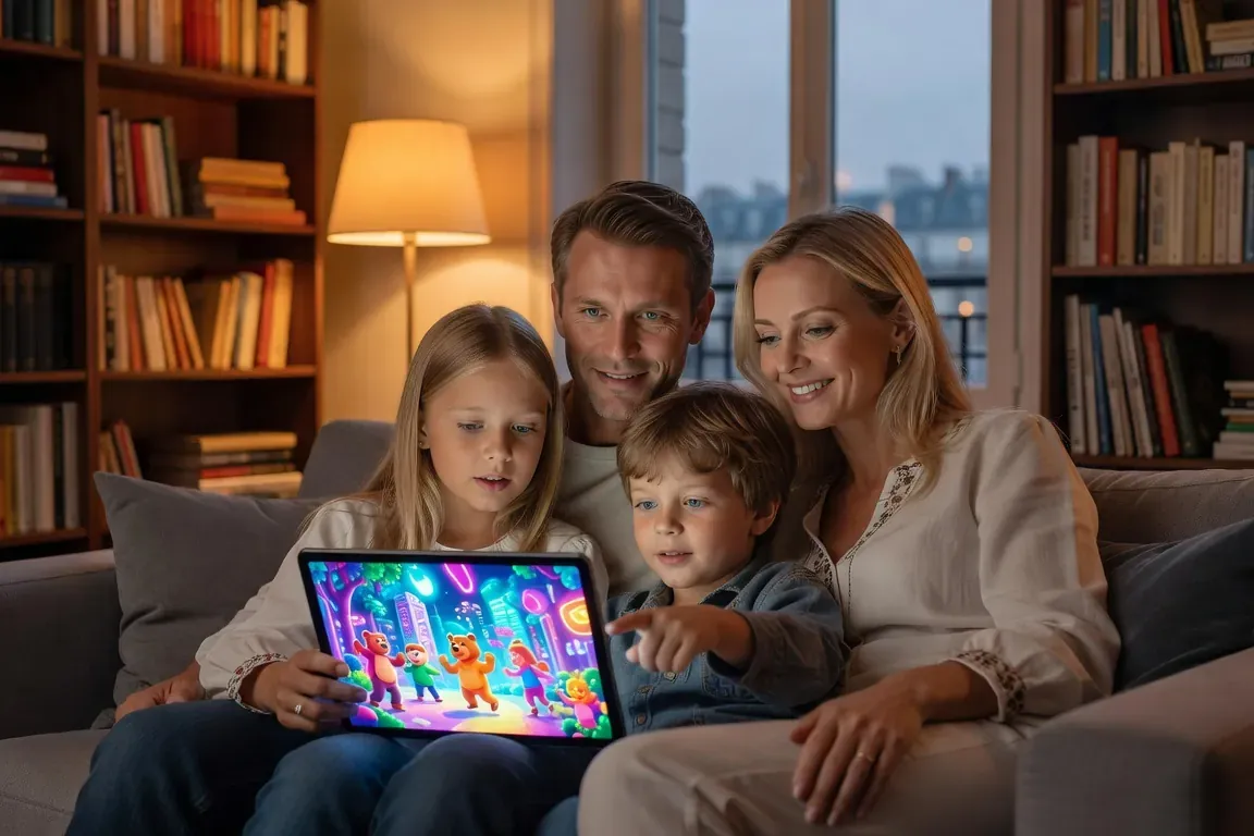 Famille moderne regardant un dessin animé russe sur tablette