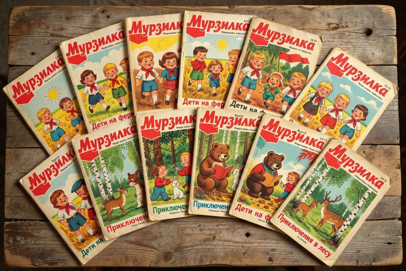 Collection de couvertures du magazine Murzilka, décennies 1930-1980, style illustration soviétique