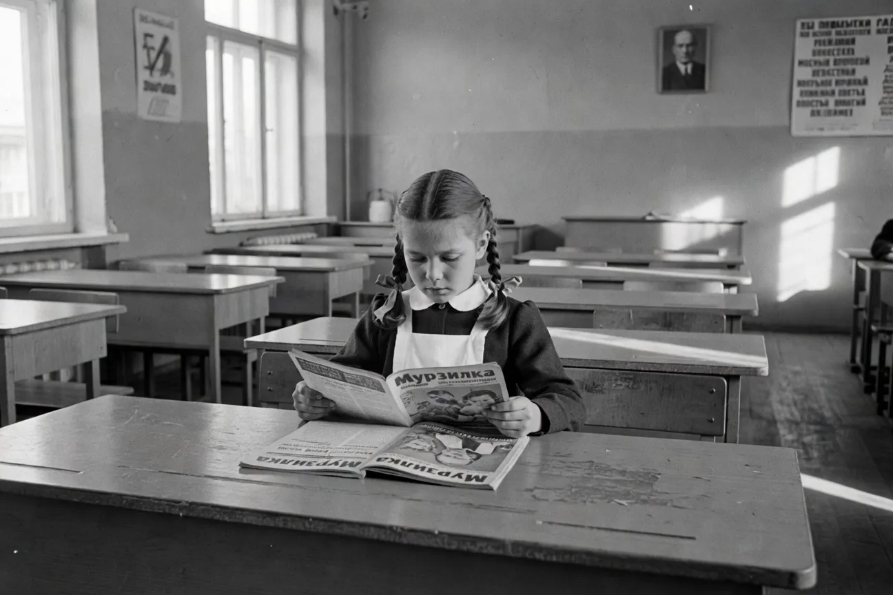 Lectrice enfant lisant Murzilka, années 1960, noir et blanc, bibliothèque soviétique