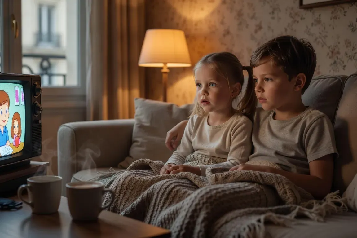 Une famille regarde un classique soviétique sur un canapé, ambiance tamisée