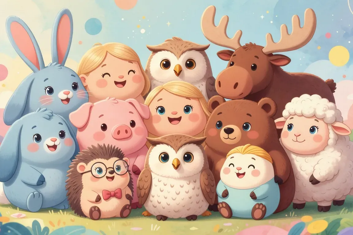 Personnages stylises de la serie Smeshariki en groupe