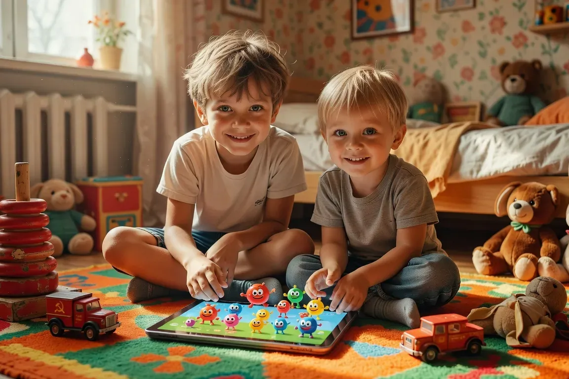 Enfants français regardant Smeshariki/Kikoriki sur tablette