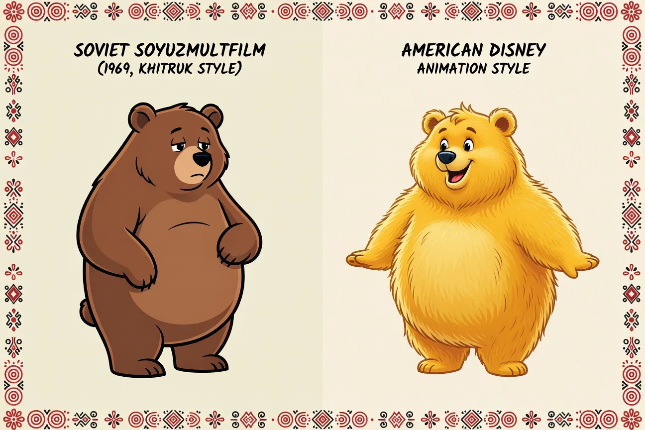 Style graphique Vinni Poukh Soyuzmultfilm 1969, comparaison avec version Disney, deux ourson stylisés côte à côte