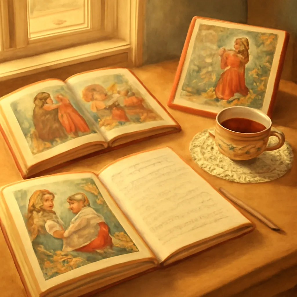 Bibliotheque chaleureuse avec livres russes illustres et une tasse de the